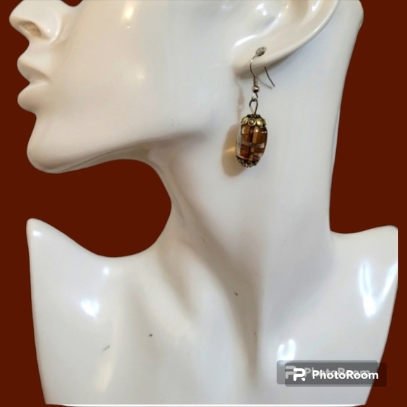 3/$30 HANDMADE Brown Foil Lampwork Glass Beaded Dangle Hook Earrings - Picture 1 of 5